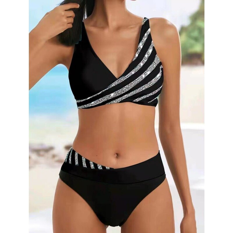 Hot Diamond Push-up Bikini Split Push-up Backless Two-piece Sexy Tight High Waist Swimsuit with Chest Pads and No Steel Support