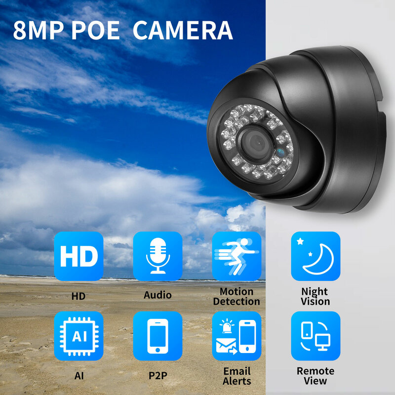 أداة 8MP 5MP H265 + مراقبة بالفيديو IP الأمن في الهواء الطلق كشف الحركة كاميرا الأشعة تحت الحمراء LED للرؤية الليلية كاميرا تنبيه البريد الإلكتروني