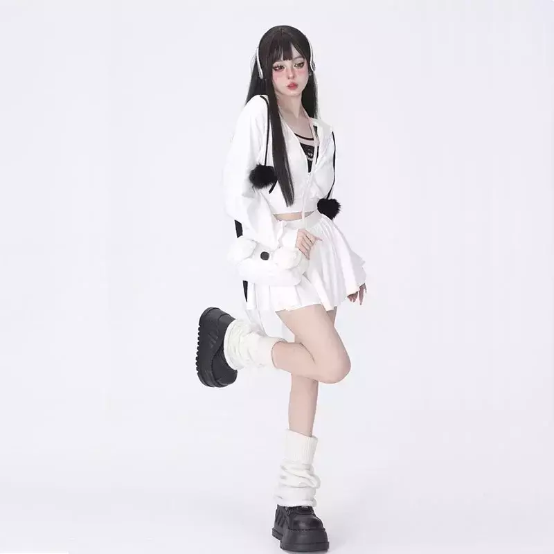 Autunno donna orecchie di coniglio felpe con cappuccio cerniera manica lunga giacca cappotto felpe con cappuccio Harajuku Streetwear nuovi set di vestiti Y2K vestiti