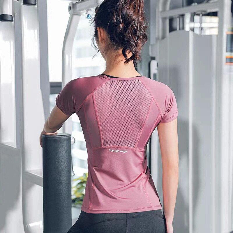 女性用半袖ヨガTシャツ,スポーツ,ジム,トレーニング用の薄いニットウェア