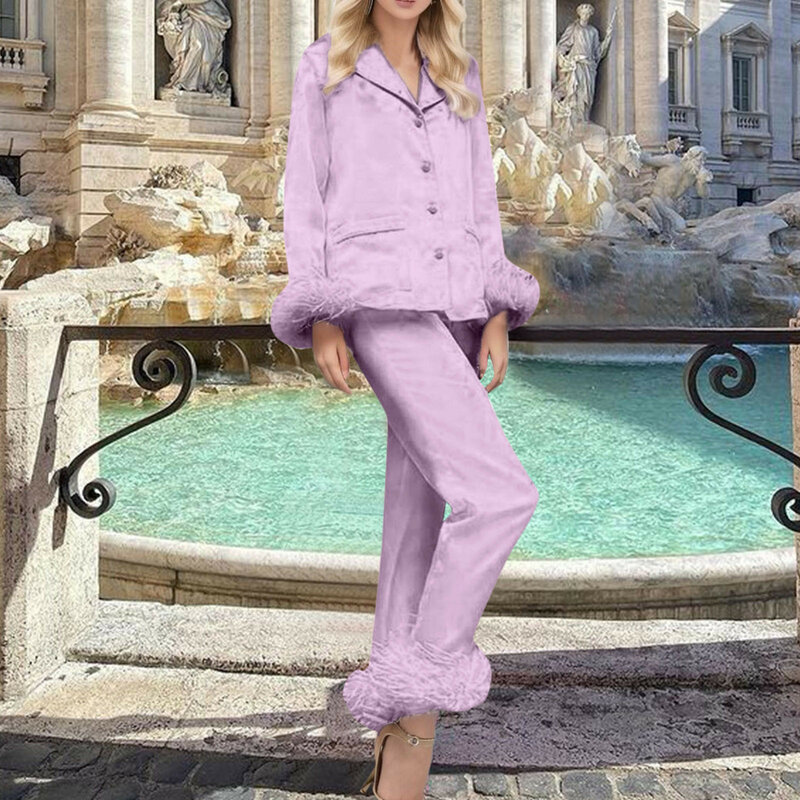 Женская ночная рубашка, комплект из двух предметов, однотонный костюм с длинным рукавом, на пуговицах, свободные длинные брюки, зимняя Пижама, комплект