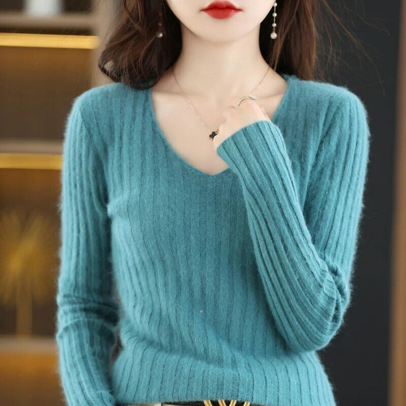 Mink sweter w szpic damski sweter jesienno-zimowy w nowym stylu Pit Stripe Solid Color Fashion wszechstronny podkoszulek w wersji koreańskiej