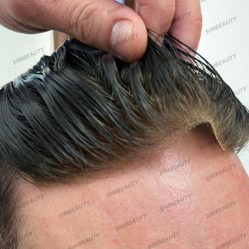 Q6 Swiss renda depan & PU dasar rambut manusia pria rambut palsu coklat tua bernapas Wig pria pengganti sistem rambut kapiler prostesis