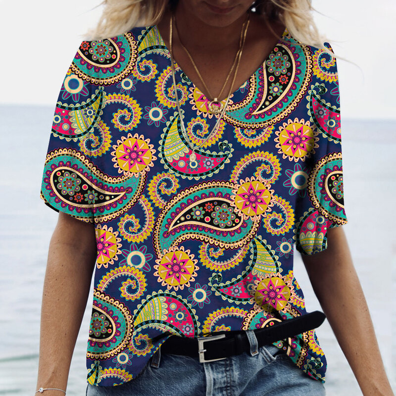 Nadruk w stylu Vintage Top damski Streetwear z krótkim rękawem letnia koszulka moda damska Casual V dekolt T koszulki Y2k Oversized odzież damska