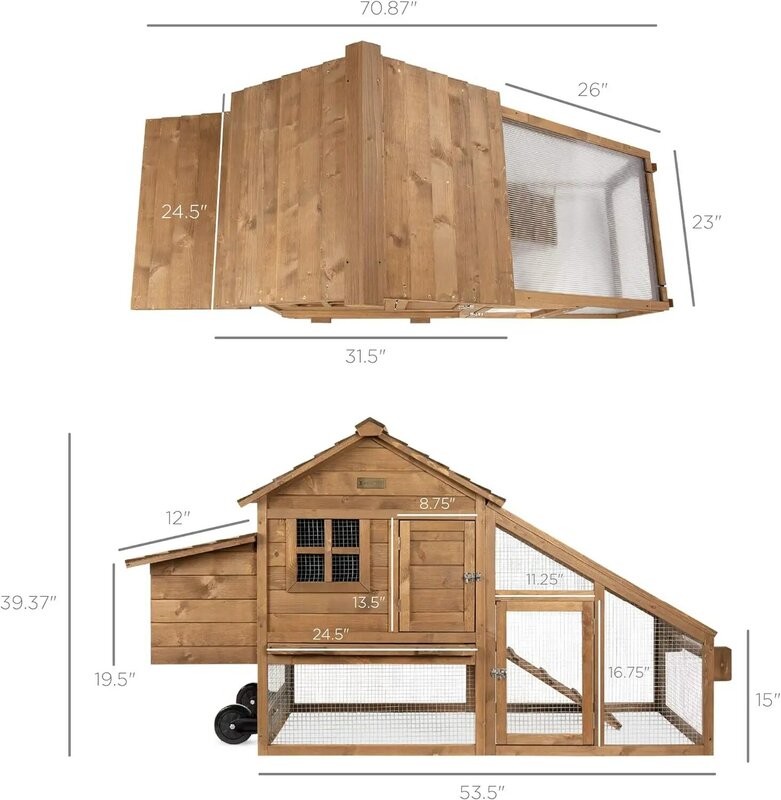 71in Mobile Fir Wood Chicken Coop Hen House Poultry Cage for 3-5 Hens, Outdoor, Animal Care w/Wheels, 2 Doors, Nest Box