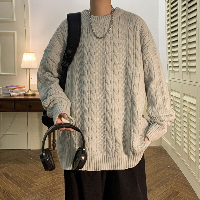 남성용 라운드 넥 캐주얼 풀오버 스웨터, 단색 루즈 니트 스웨터, 2023 가을 겨울 패션