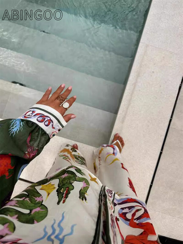 ABINGOO-Conjunto feminino de calças de cintura alta estampadas de duas peças, terno solto, blusa de manga comprida, calças largas, lapela, roupas de praia de verão, 2021