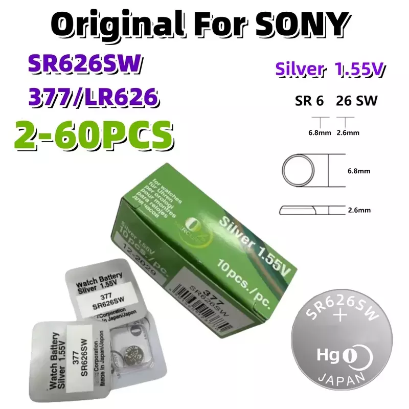 Оригинальные батарейки для SONY SR626SW LR626 AG4 1,55 в LR66 377 377A, щелочные батарейки, часы, игрушки, автомобиль, пульт дистанционного управления, монетница, 2-60 шт.