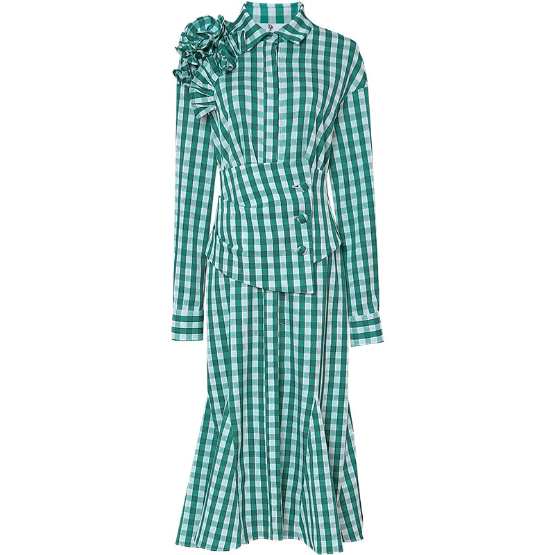 Vestido de babados xadrez verde, estilo floral tridimensional, camisa de comprimento médio com cinto, moda rabo de peixe, novo, primavera