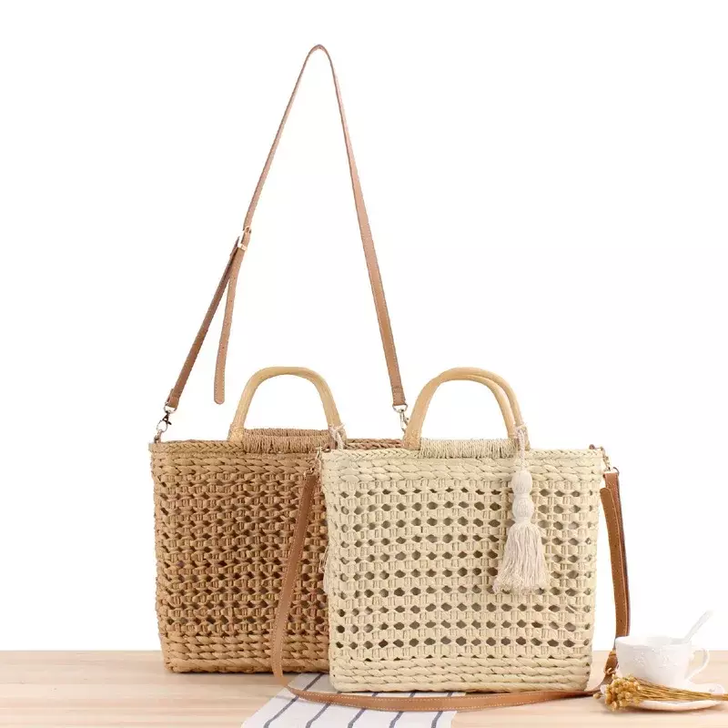 SVB1 moda wydrążona drewniana rączka słomiane torby na ramię wiklinowe tkane rattanowe torebki damskie letnie plażowa, duża