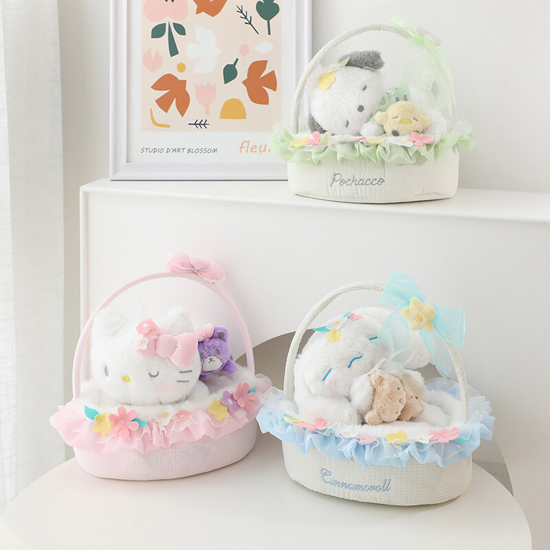 Sanrio criativo buquê brinquedos de pelúcia para crianças, desenhos animados bonitos, Cinnamoroll, Hello Kitty, Pachacco Flower Basket Doll, presente de aniversário feminino