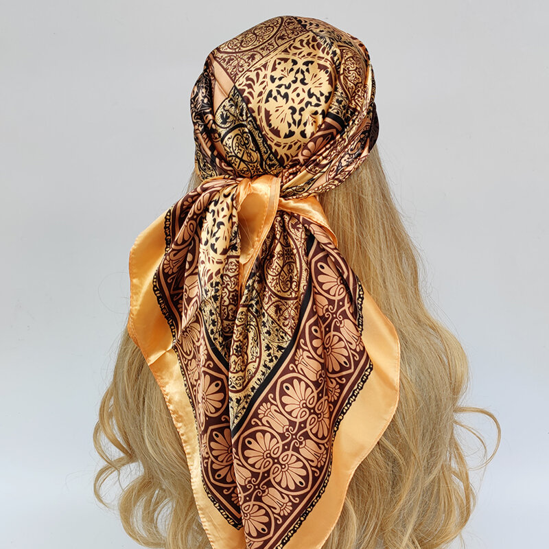 90*90cm fashion Vintage Flowers Square Scarf Women Silk Shawls Neckerchief Female Print Headband Head Wraps Foulard Hijab Hair