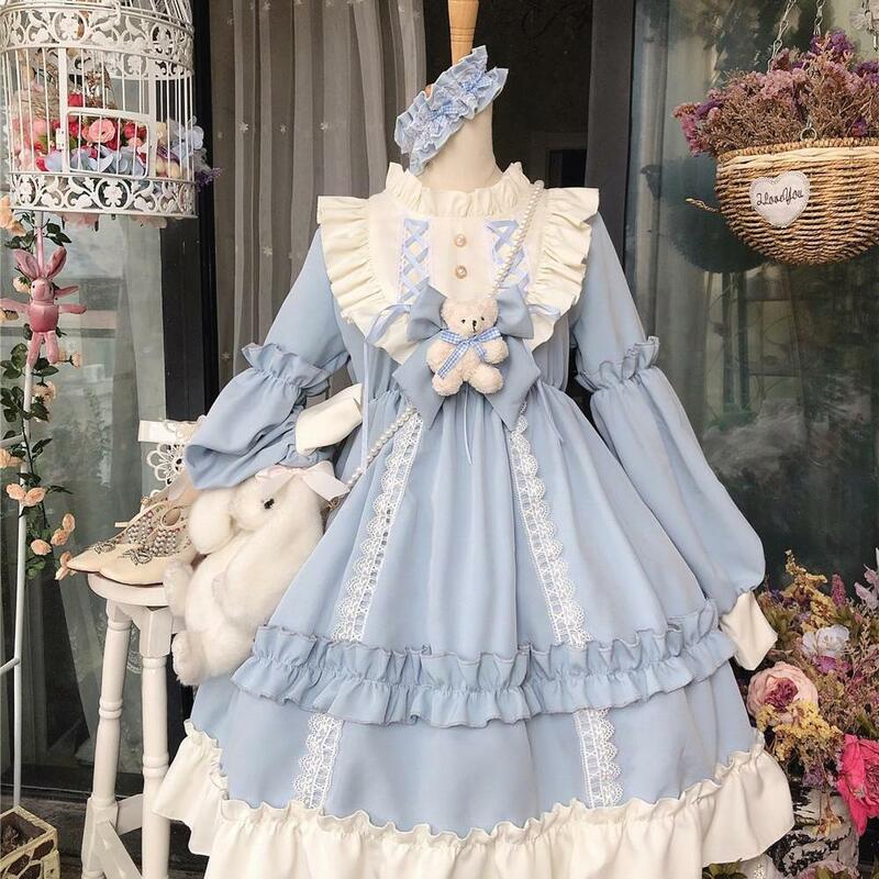 Gaun Lolita Gotik Jepang Gaun Biru Renda Busur Beruang Kawaii Wanita Gaun Putri Lengan Panjang Hadiah Kostum Halloween untuk Anak Perempuan