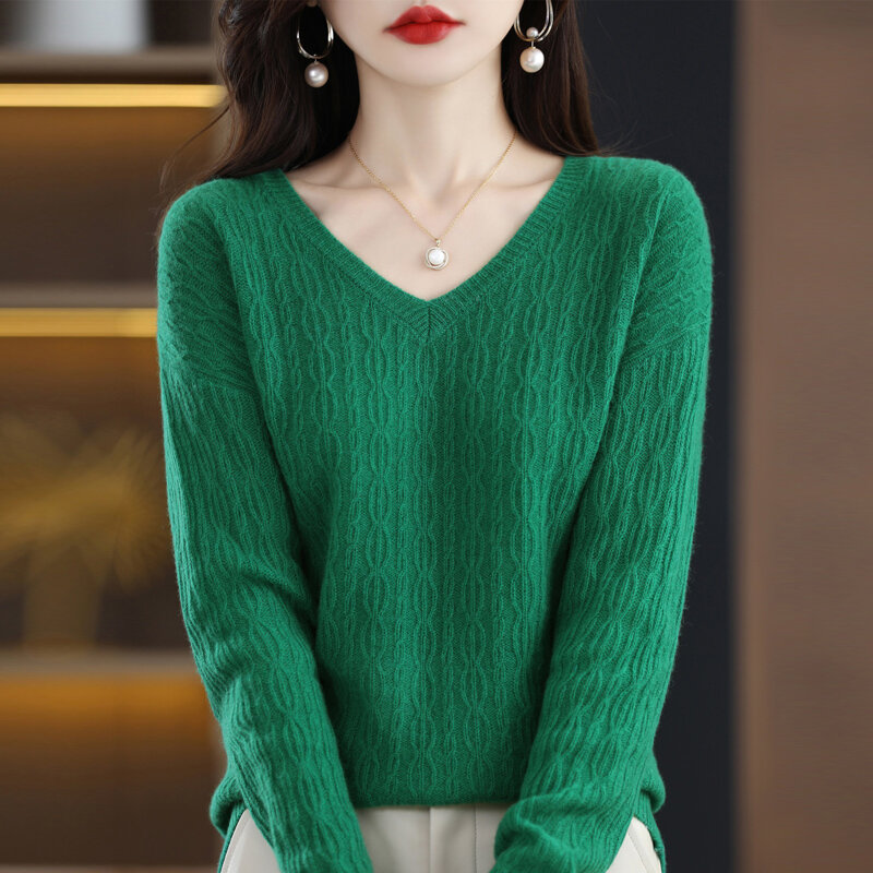 Jersey de lana pura con cuello en V para mujer, suéter a la moda, versión coreana, camisa holgada de punto de Color sólido