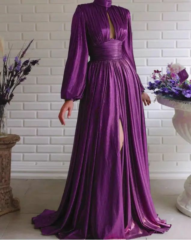 Элегантные Выпускные платья для женщин, а-силуэт, однотонное модное платье с высокой талией и высоким воротом, с длинным рукавом, Vestidos, вечернее женское Платье Макси