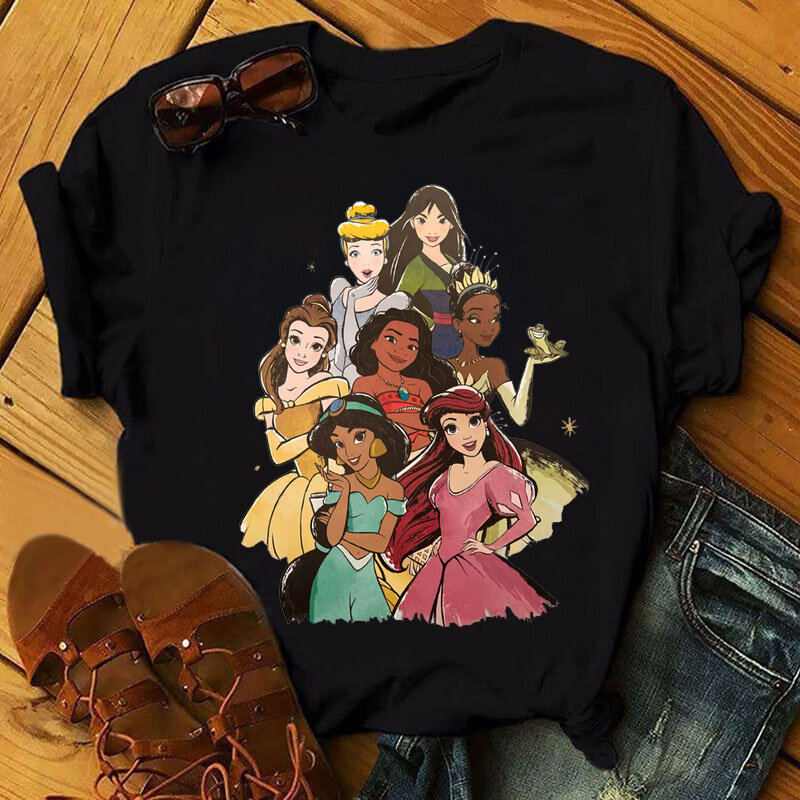 Camiseta con estampado de princesa de Disney para mujer, ropa Kawaii, de manga corta Camisetas estampadas, ropa Harajuku Y2k