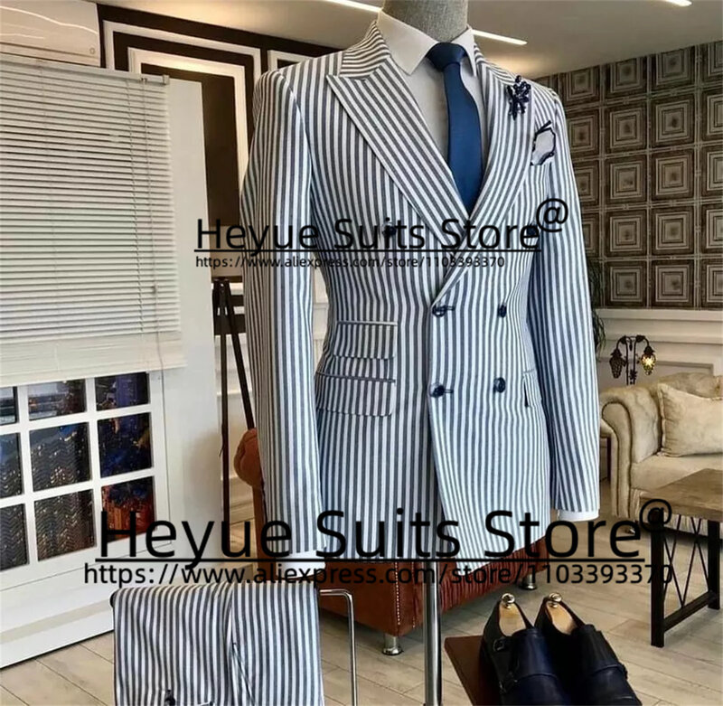 Double-breasted Stripe Elegant Men Suits Slim Fit Peak Lapel Groom Wedding Tuxedos 2 Pcs Sets Business Male Blazer Costume Homme