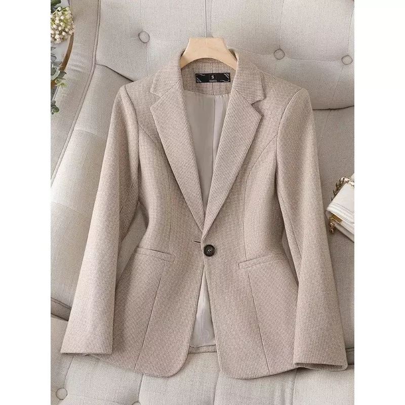 Gray Apricot Plaid Ladies Blazer Women Formal Jacket Long Sleeve Single Button Female Business Work Wear Coat
