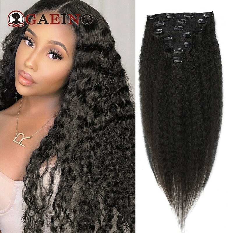 Kinky Straight Clips In Human Hair Extensions 1B# Natural Black Hair Extensions 100% Remy Human Hair  Full Head For Women 8-26"