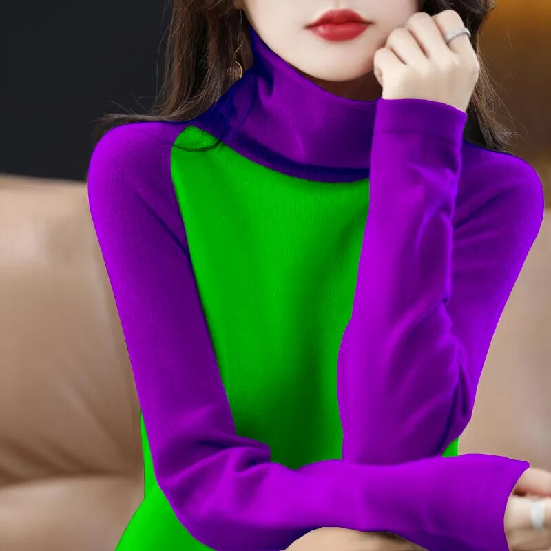 Suéter de cuello alto para mujer, Tops elásticos a la moda, jerséis de punto de Color caramelo, suéter de punto de manga larga, 2024