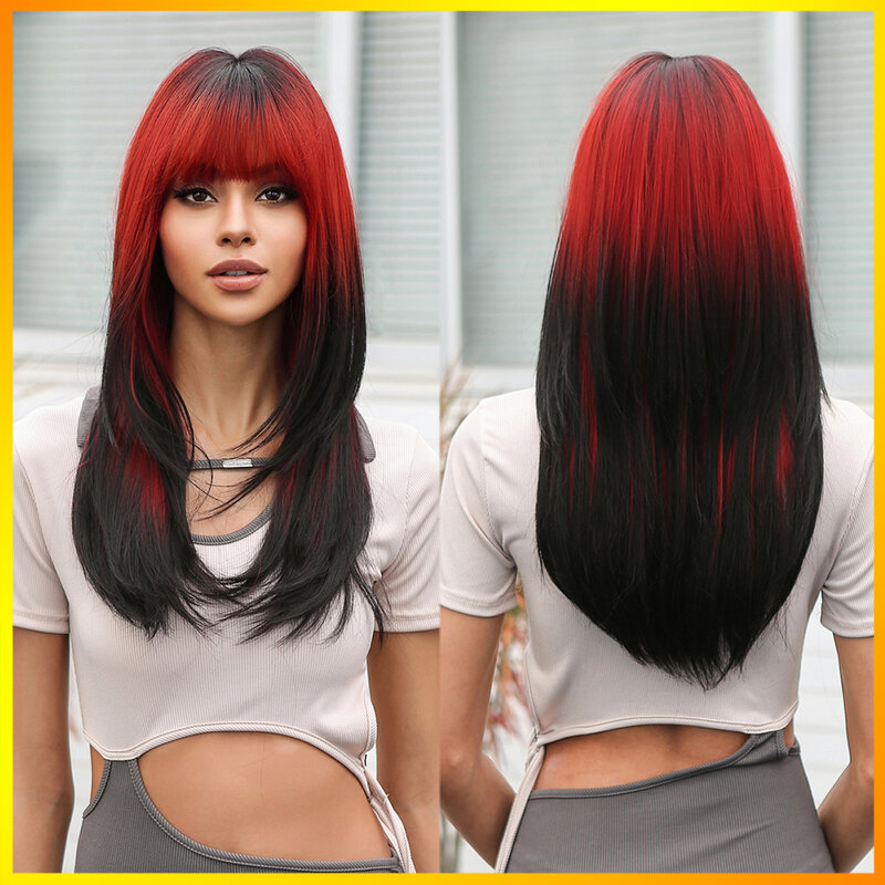 Natural Heat Resistant Red Ombre Black Long Straight Synthetic Wigs With Bangs Fibre Cosplay Party Daily Use Hair