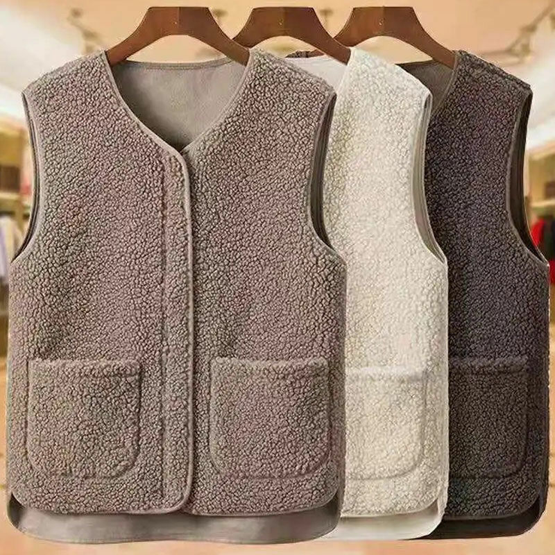 Chaleco de lana para mujer, chaqueta blanca sin mangas, cálida y gruesa, L-3XL de otoño e invierno, 2024