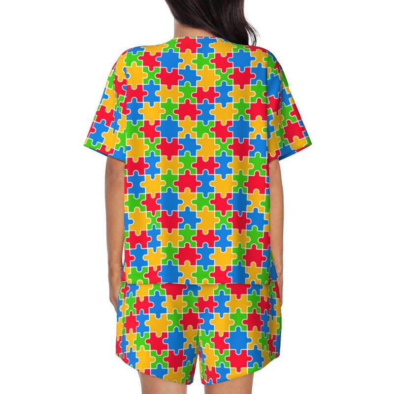 Conjunto de pijama de 2 piezas con estampado personalizado para mujer, ropa de dormir de manga corta, rompecabezas colorido, concientización sobre el Autismo