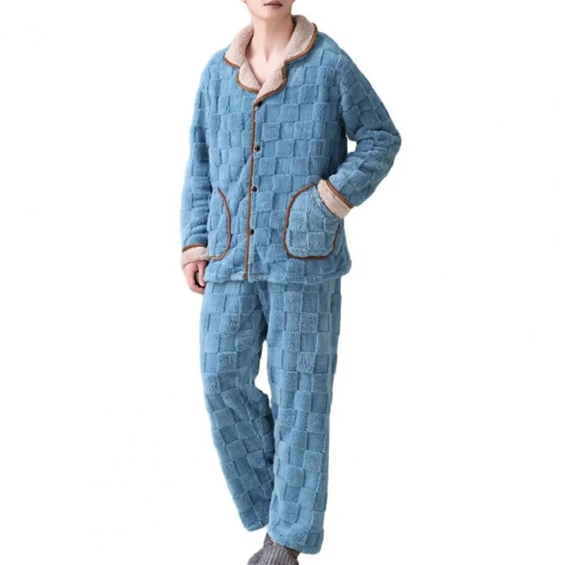 Conjunto de pijama coral masculino, loungewear inverno, casaco grosso de pelúcia quente, bolsos elásticos na cintura, roupas homewear, 2 peças por conjunto