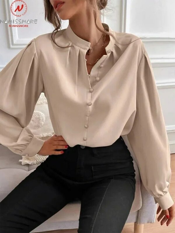 영국 스타일 여성 단색 셔츠, 싱글 단추 디자인 턴 다운 칼라 셔츠 소매 캐주얼 루즈한 가디건 탑