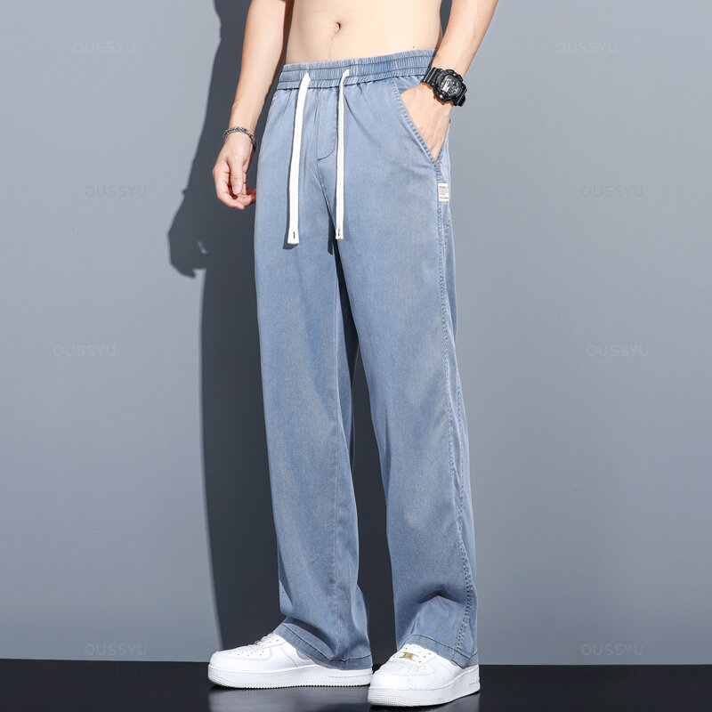 Летние мягкие мужские джинсы Lyocell из ткани, тонкие свободные прямые брюки, корейские повседневные брюки со шнуровкой и эластичным поясом