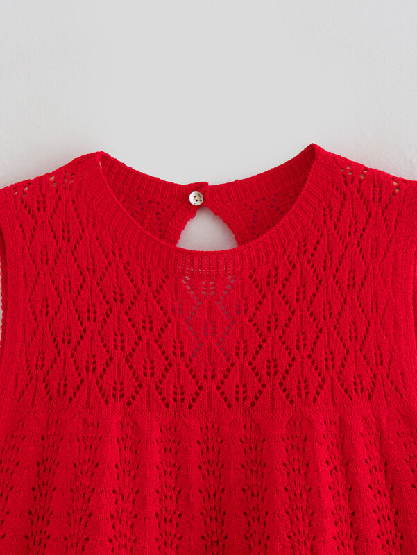 Traje de 2 piezas de malla Jacquard para mujer, blusa de punto con cuello redondo, blusa Retro sin mangas + minifalda de punto, 2024