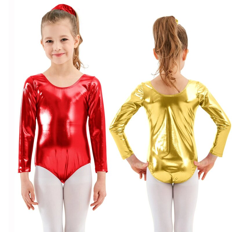 AOYLISEY taniec baletowy Shinny metalowe trykoty dla dziewczynek gimnastyka body z długim rękawem Gold Rombers elastan kostium odzież dla dzieci
