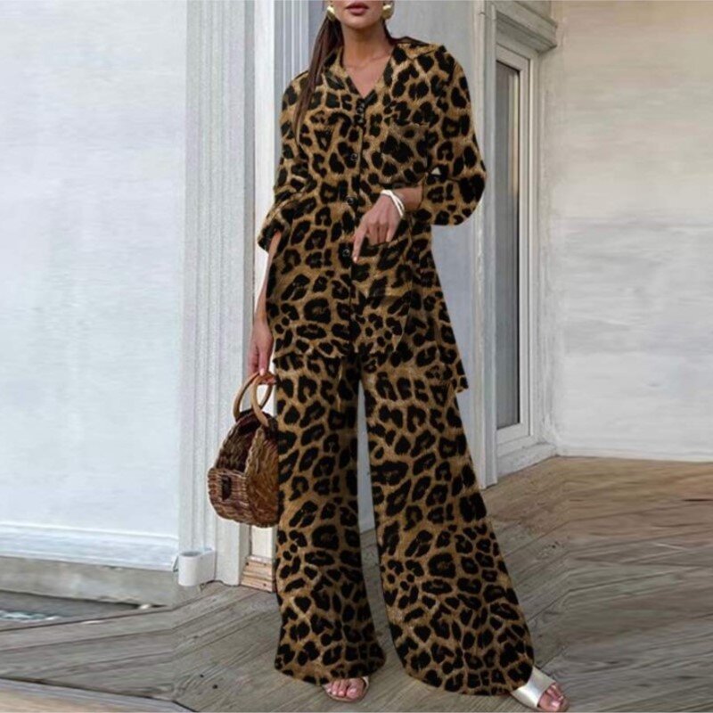 Fato retrô de calças de duas peças para mulheres, tops e calças soltas, perna larga, estampa de leopardo, moda casual, verão, 2024