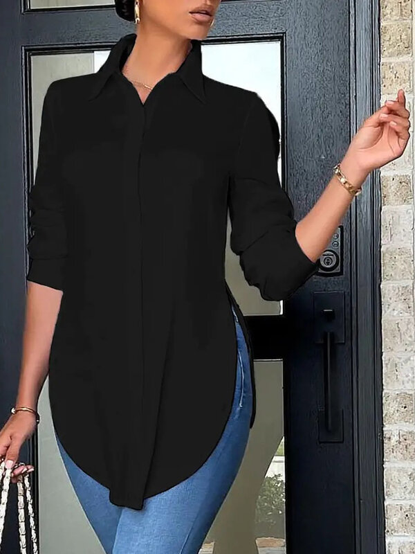 Женская блузка средней длины на пуговицах, с длинным рукавом