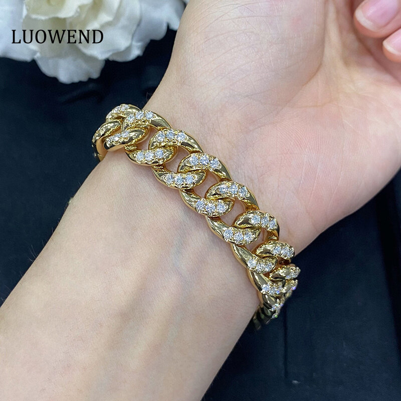 LUOWEND gelang emas kuning 18K rantai Kuba 12mm, gelang berlian alami asli gaya logam mewah untuk perjamuan Senior wanita 100%