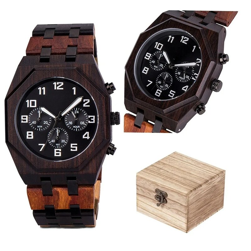 Reloj de cuarzo multifunción para hombre, cronógrafo de madera y acero inoxidable, resistente a los arañazos, regalo