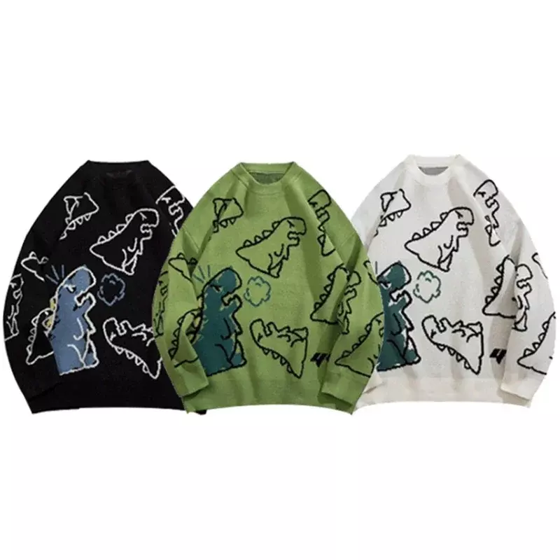 Pullover Männer Harajuku Stil Gestrickte Hip Hop Streetwear Dinosaurier Cartoon Pullover Übergroßen Casual Paar Oansatz Vintage Pullover