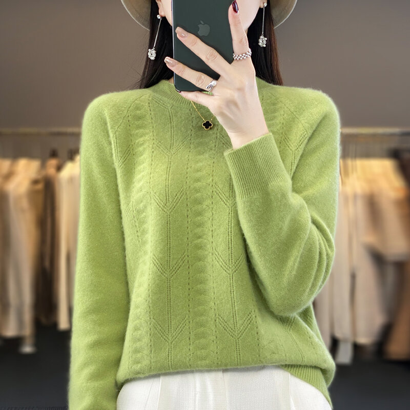 Autumn Winter New Women's Sweater Seamless Readymade Half High Neck 100% Woolen Sweater Hollow Out Long Sleeve Loose Knitted Top