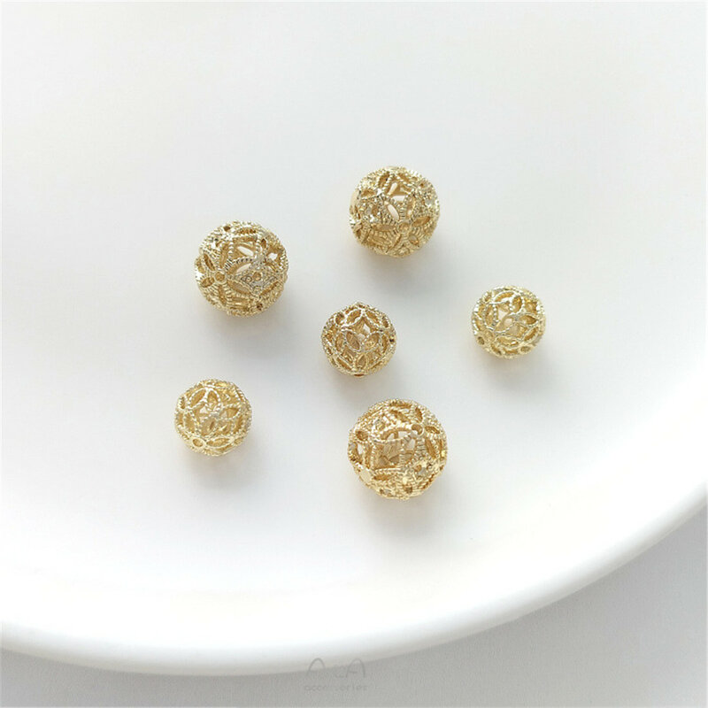14K oro chiaro fiore cavo palla ruggine palla perline a forma di fiore perline appese fatte a mano fai da te braccialetto di perle orecchini accessori