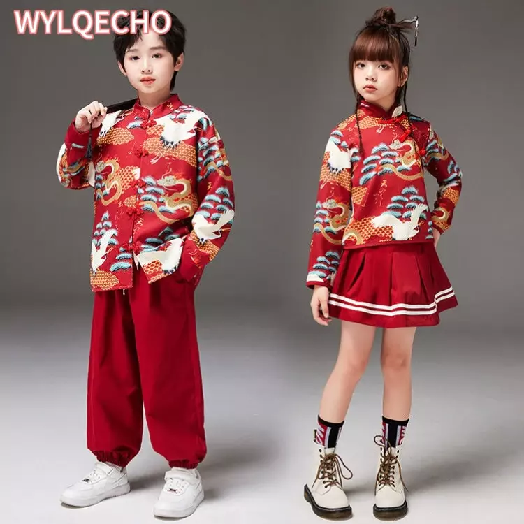 Conjunto de roupas impressas estilo chinês vermelho para meninas, traje antigo Tang, roupas de palco, saia hanfu, roupa de ano novo