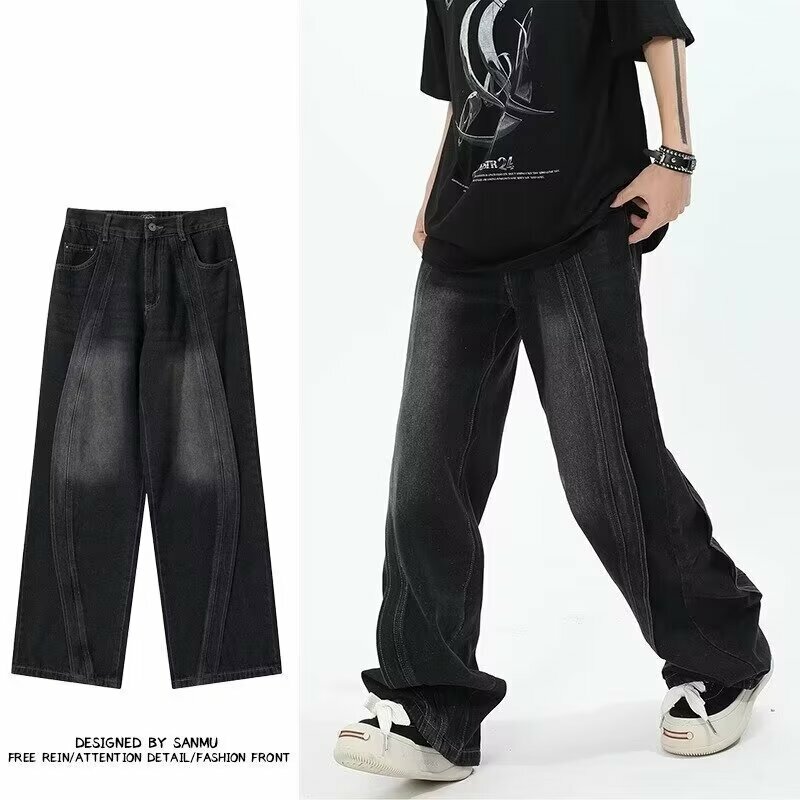 メンズアメリカンハイストリートジーンズ、レトロな業界、破壊結合、y2kデザイン、ストレート、ワイドレッグパンツ、韓国のファッション