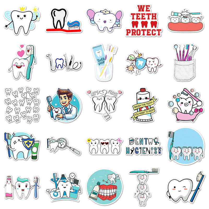 Cute Dental Tooth Shaped Adesivos para crianças, Decalques de dentes dos desenhos animados, Dentista loja, Brinquedos Toothbrush, Kawaii Dentistry Presentes, 10 Pcs, 30 Pcs, 50Pcs