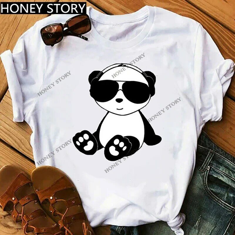 Camiseta con estampado de Panda de dibujos animados para mujer, ropa holgada, ajustada, de gran tamaño, Harajuku