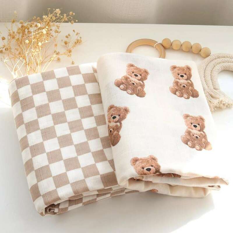 Teddy Bear Muslin Swaddle Baby Blanket Super Soft 70% Bamboo 30% Organic Cotton 2 Layers Infant Baby Swaddle Wrap Blanket