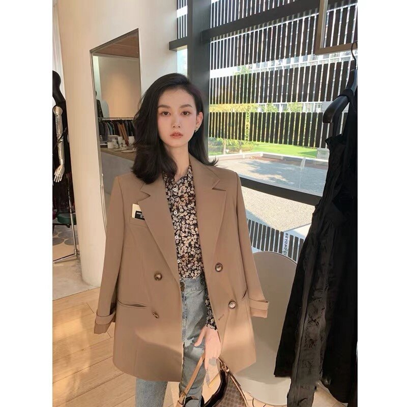 Woman's Autumn/winter British Style Short Letter Labeling Blazer Suit Coats Vintage Casual Solid Color Loose Stitching Blazers