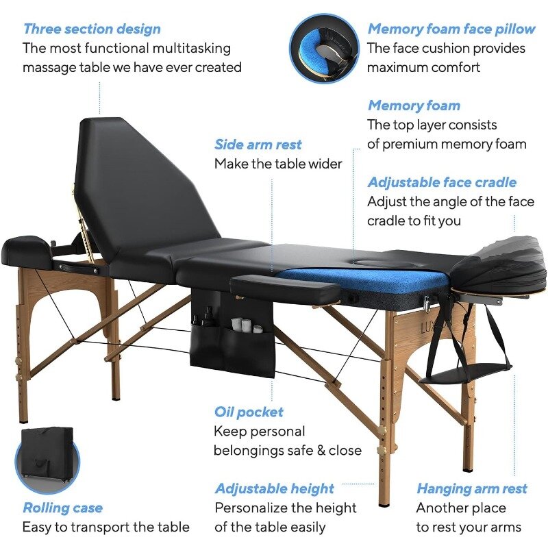 Mesa de massagem de espuma de memória premium, 3-seção, estojo de viagem rolante, fácil configuração, preto