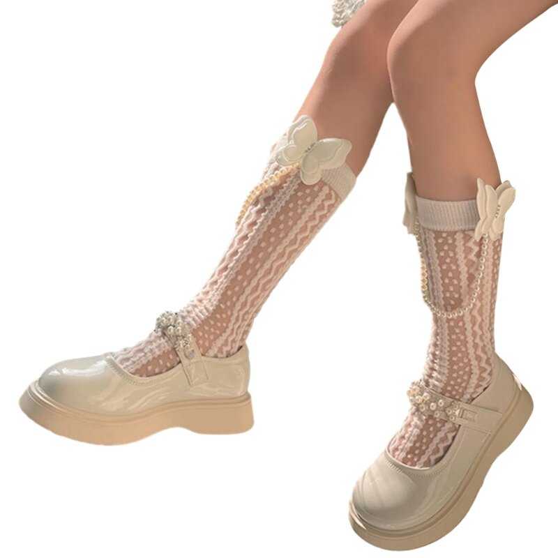 Elegante kanten getrimde kuitlengte sokken voor meisjes, opgestapelde sokken in buissokken