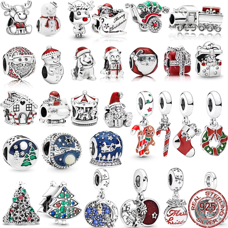 Abalorios de Navidad de Plata de Ley 925 para mujer, cuentas de Papá Noel, Reno, muñeco de nieve, árbol, compatibles con pulseras Pandora originales, joyería artesanal