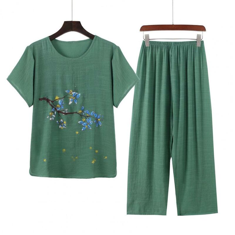 Женская повседневная одежда, элегантный пижамный комплект для женщин среднего возраста с цветочным принтом и широкими штанинами, удобная Пижама для мам