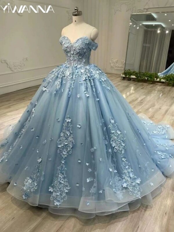 Sky Blue gaun Prom Quinceanrra kualitas tinggi applique anggun 3D bunga putri panjang menawan manis 16 gaun Vestidos